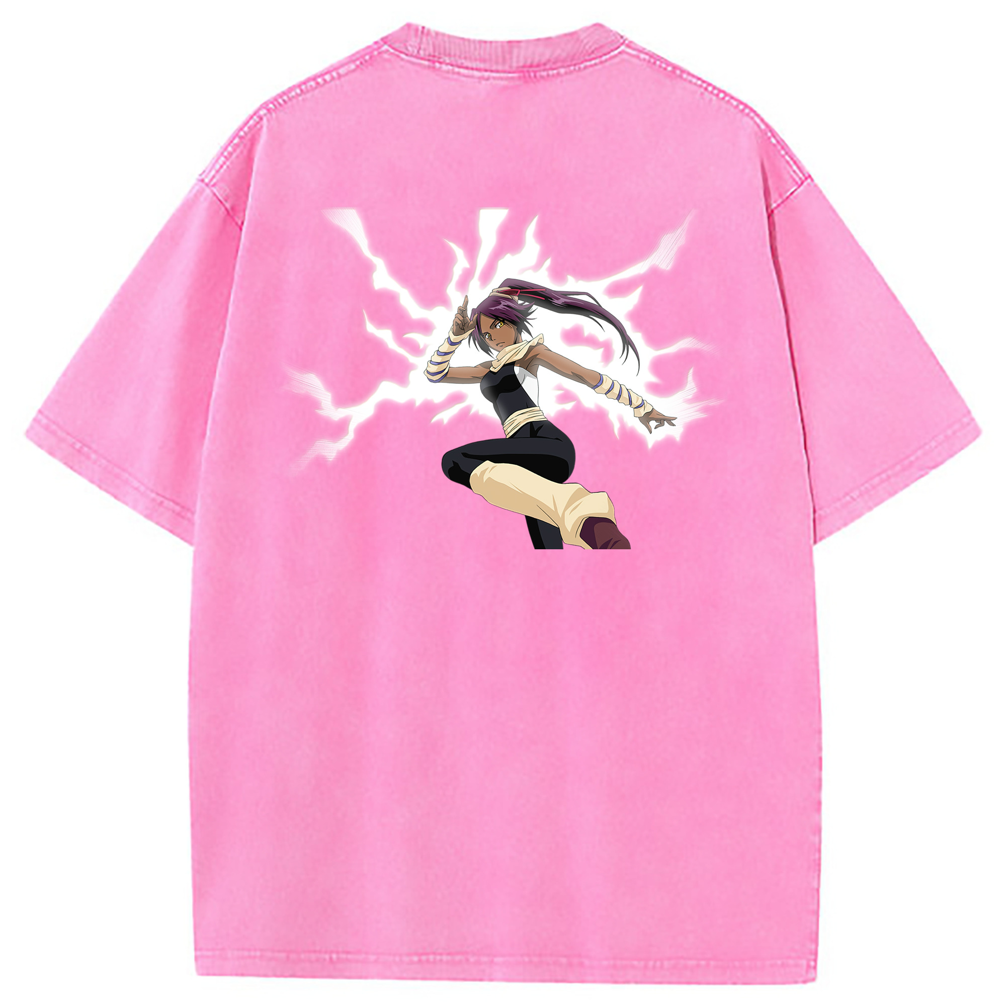 （画像用） ブリーチ 四楓院 夜一（しほういん よるいち） BLEACH Shihouin Yoruichi 綿100% ヴィンテージ風 半袖Tシャツ（背面プリント）